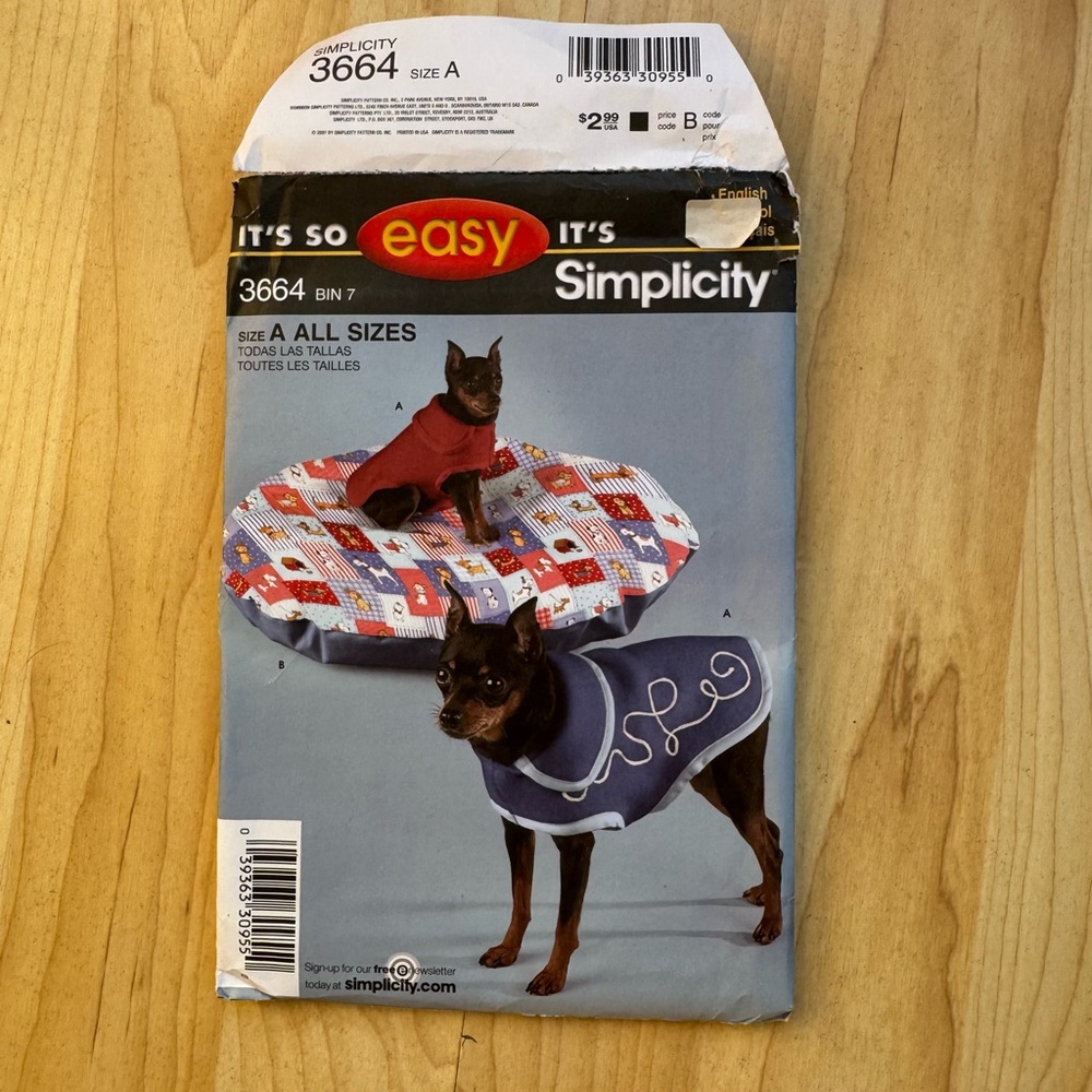 Simplicity Pet Coat and Bed Pattern 3664 Dog Halloween